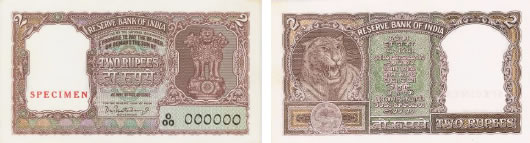 Bust of Tiger facing right on Rs. 2